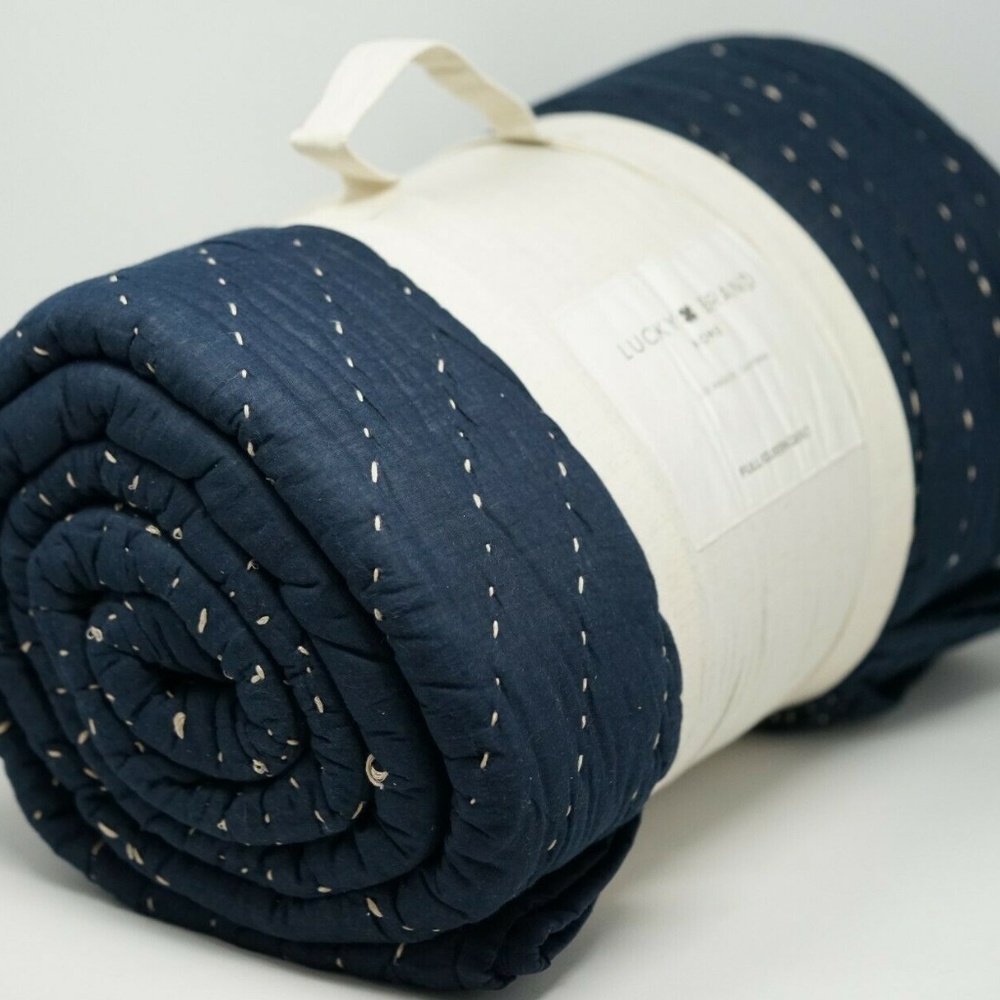 Sashiko Hand-Stitched Cotton Quilt FULL/QUEEN Blue - Picture 4 of 7